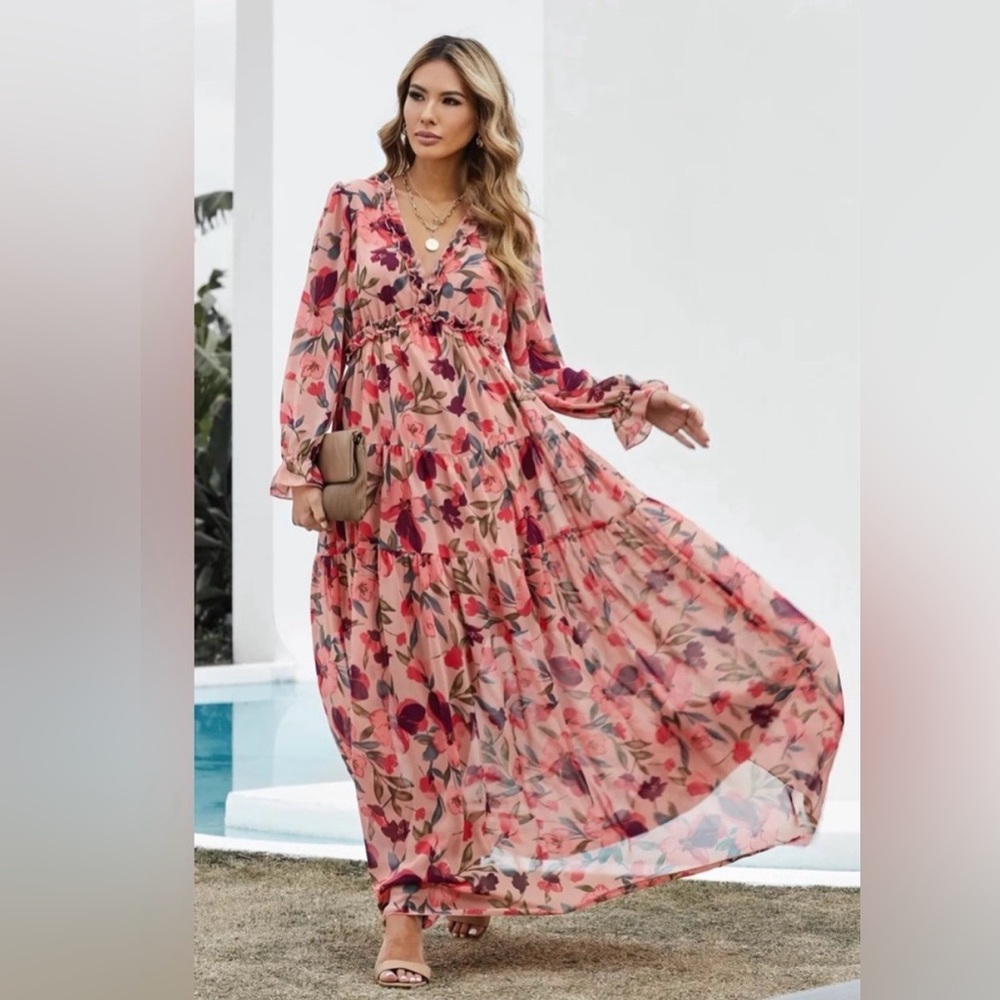 Floral Pink V-Neck Maxi Dress